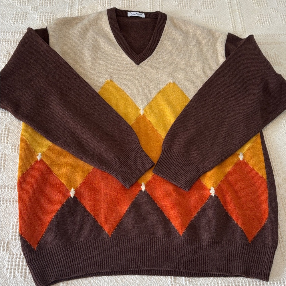 Coins Moore Colorful Merino Wool V-Neck Vintage Sweater size‎ XL - Picture 12 of 14